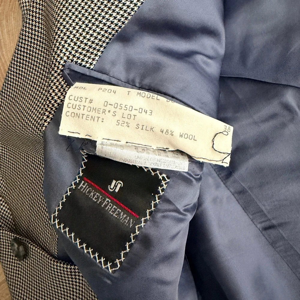Hickey Freeman Silk Wool Houndstooth Blazer Sport Coat Mens 44R Black White read